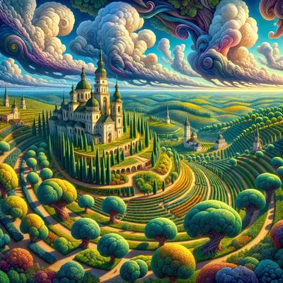 The primary subject of the image is a large, intricately designed landscape featuring a castle, a vineyard, and a forest. The setting is a lush, green countryside with a cloudy sky in the background. The visual style is a combination of digital art and illustration, creating a vibrant and detailed scene. The colors and mood are predominantly green, with a touch of blue from the sky, and a sense of serenity and beauty.